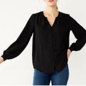 Nine West Button Black Button Up Tunic Blouse Balloon Sleeve Women’s Small